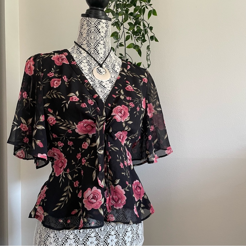 Dynamite Black and Pink Floral Blouse
